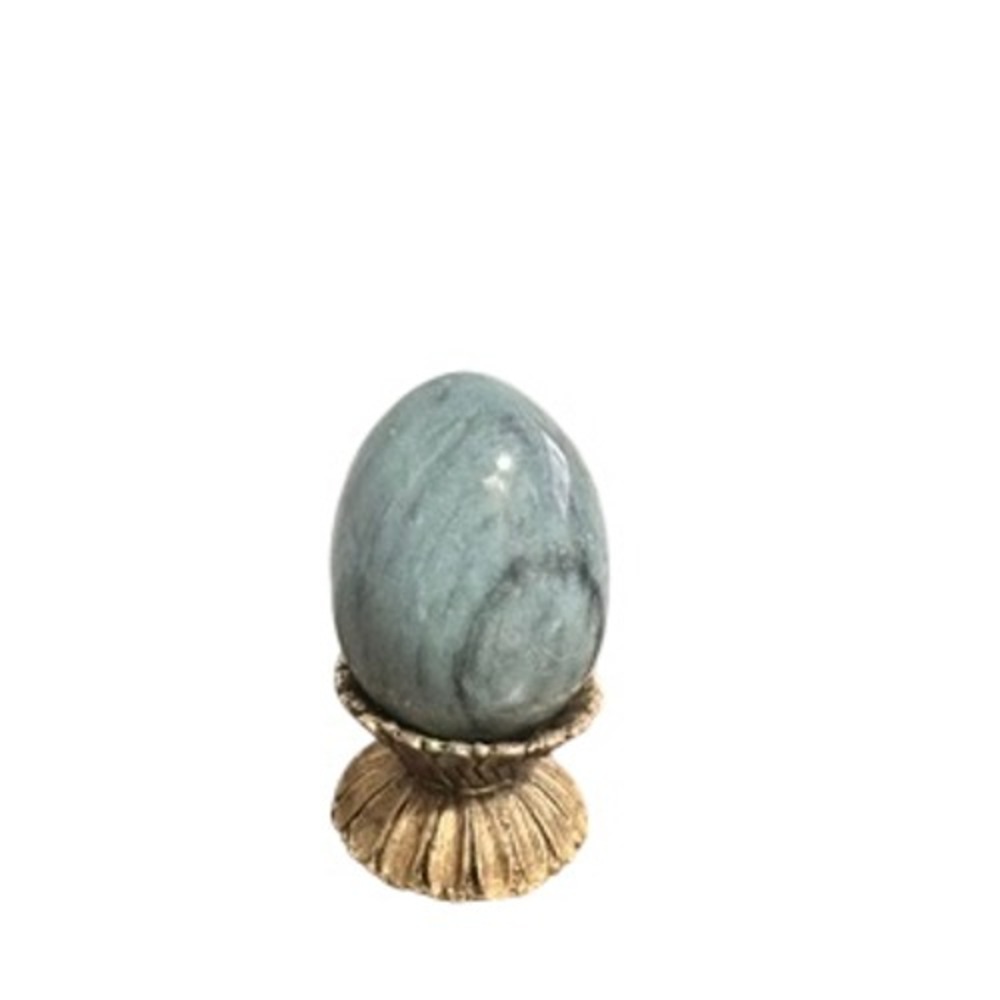 Polished Teal Grey Swirl Stone Egg   Antiqued Pedestal Stand Not Included